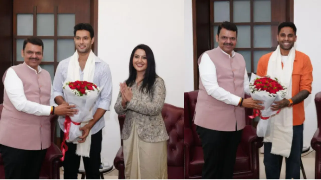 Maharashtra CM Devendra Fadnavis felicitates T20 WC winners Suryakumar Yadav and
